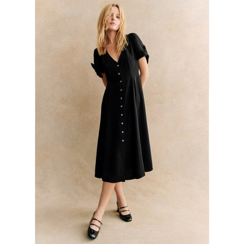 Sezane Vic Short Sleeve Button Front V-Neck Midi Dress Black - 4 - Picture 2 of 5